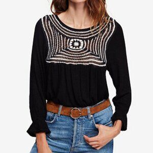 Free People Soul Mate Crochet Pattern Black Waffle Knit Top Shirt Size Small